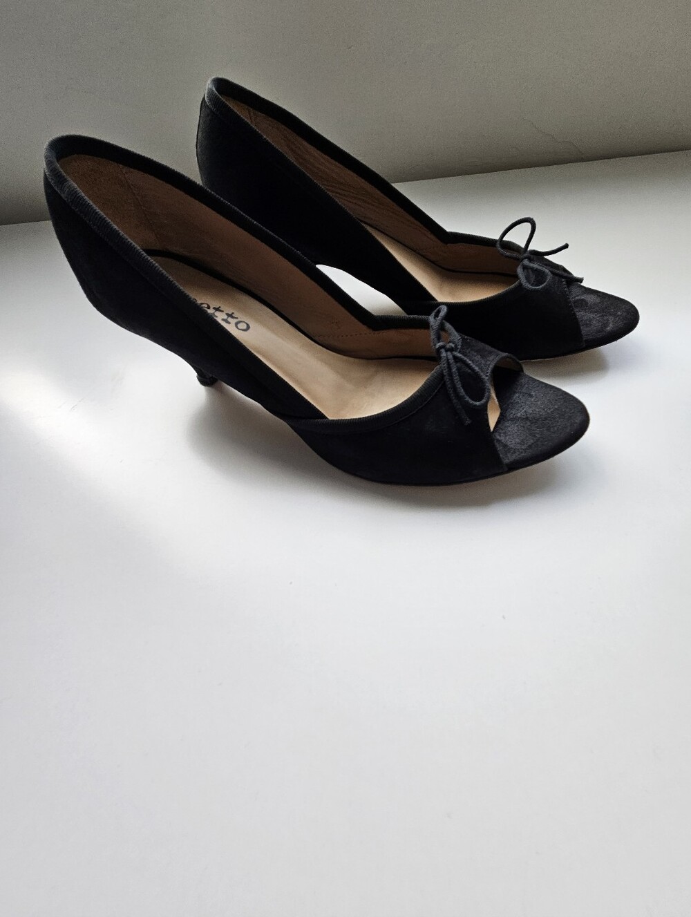 Repetto Paris Black Bow Kitten Heel Open Toe Shoes